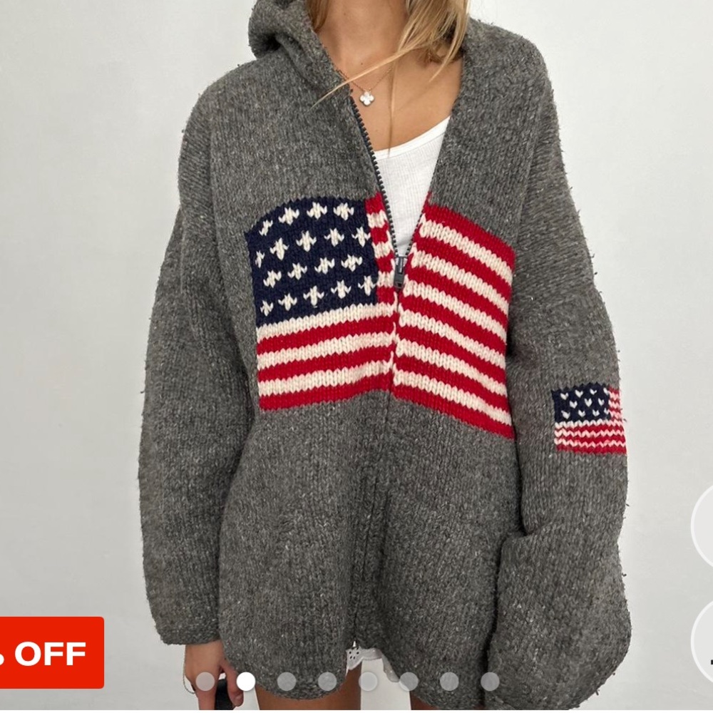 Gray Hooded Sweater with American Flag Design
